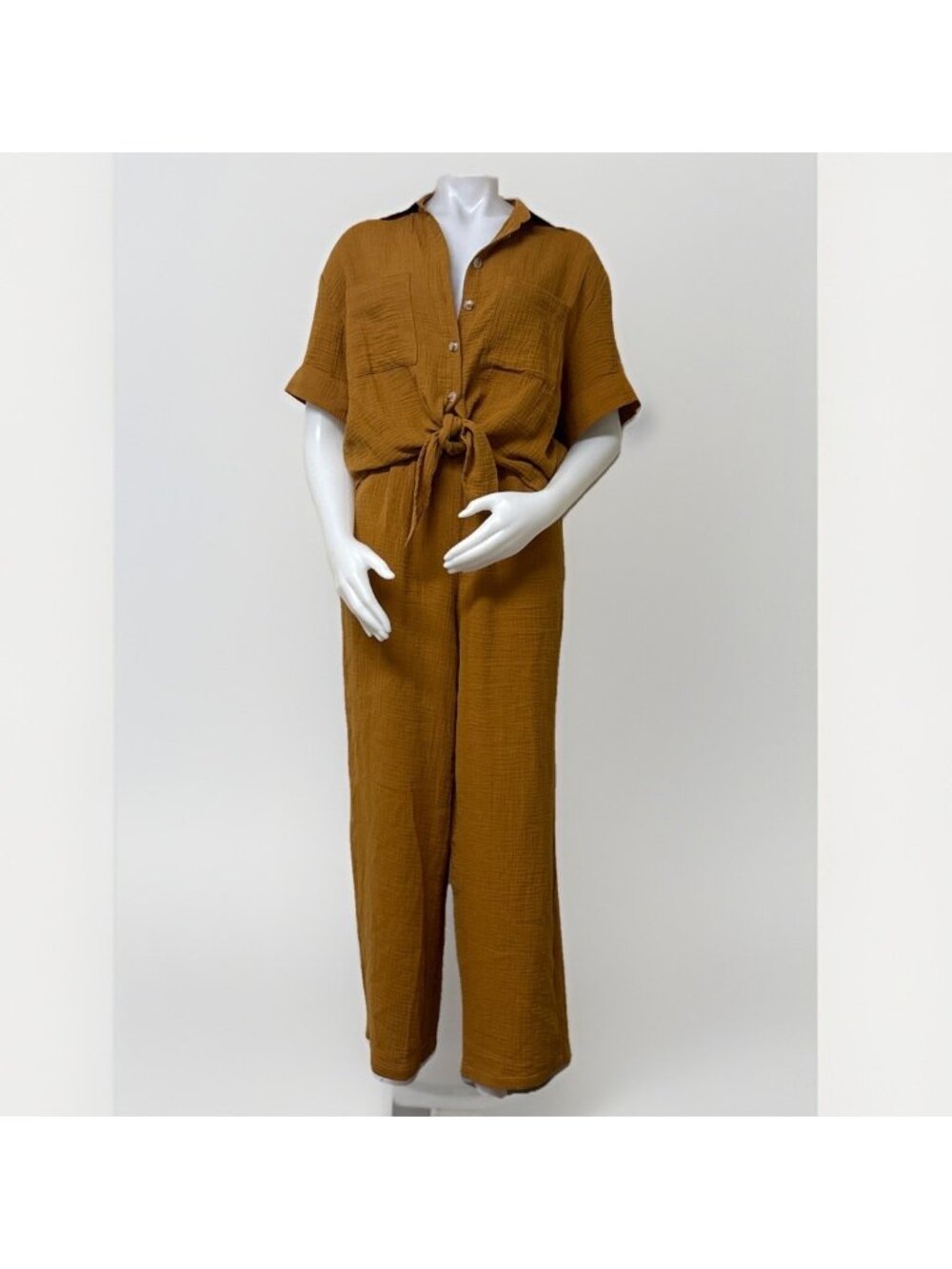 FRNCH Paris 2 Piece Set Womens S Mustard Cotton Gauze Outfit Tie Top Pants